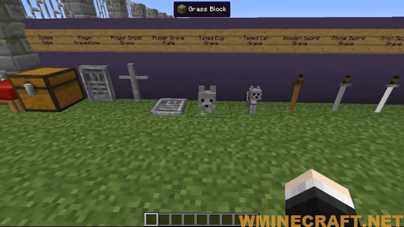 A gravestone can be generated at villager’s/pet’s(dogs’, cats’, horses’) death too. Those graves will contain a corpse of killed creature(which can be resurrected on the Altar). Also these graves will have special models(dog/cat/horse statue).